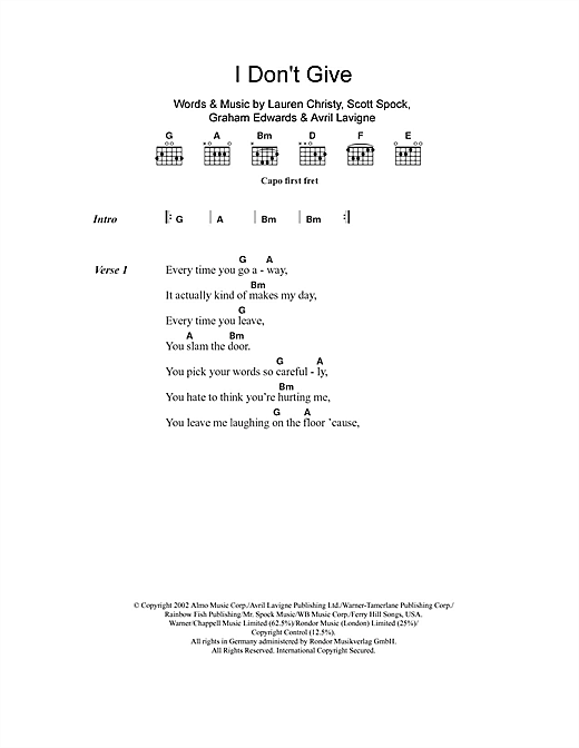Avril Lavigne I Don't Give sheet music notes and chords arranged for Guitar Chords/Lyrics
