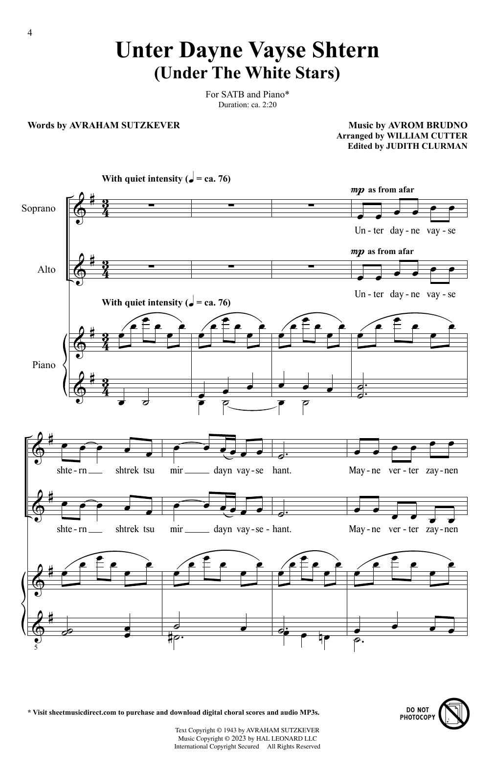 Avrom Brudno Unter Dayne Vayse Shtern (Under Your White Stars) (arr. Bill Cutler) sheet music notes and chords arranged for SATB Choir