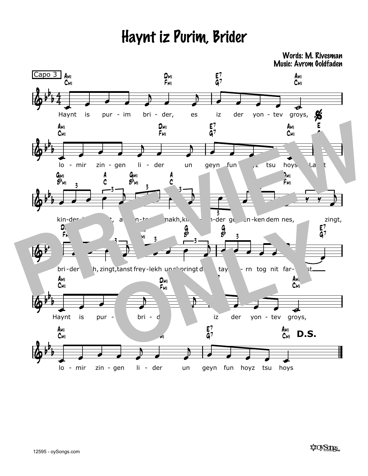 Avrom Goldfaden Haynt Iz Purim, Brider sheet music notes and chords arranged for Lead Sheet / Fake Book