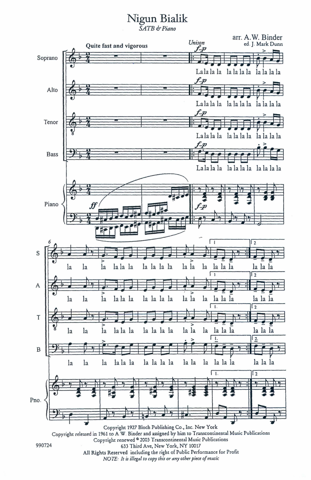 A.W. Binder Nigun Bialik sheet music notes and chords arranged for SATB Choir