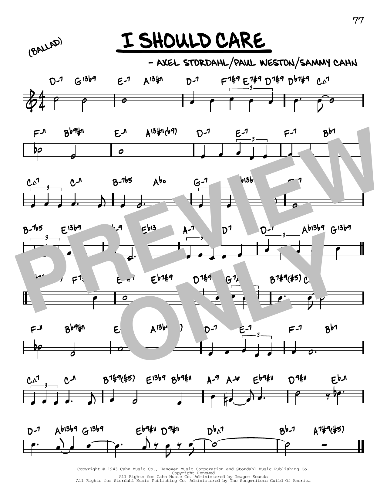 Axel Stordahl I Should Care (arr. David Hazeltine) sheet music notes and chords arranged for Real Book – Enhanced Chords