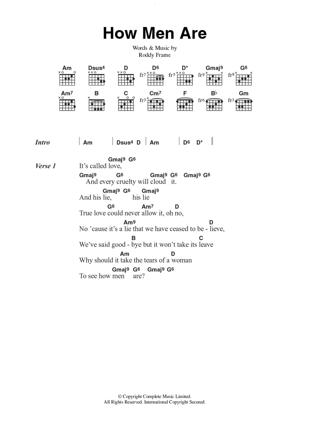 Aztec Camera How Men Are sheet music notes and chords arranged for Guitar Chords/Lyrics