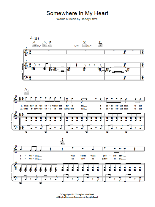 Aztec Camera Somewhere In My Heart sheet music notes and chords arranged for Piano, Vocal & Guitar Chords