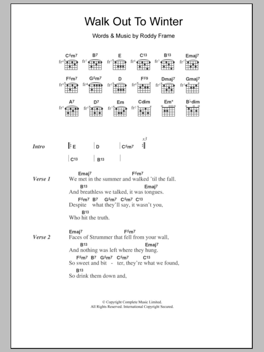 Aztec Camera Walk Out To Winter sheet music notes and chords arranged for Guitar Chords/Lyrics