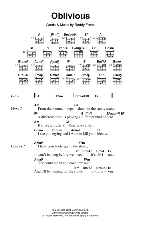Aztec Camera Oblivious sheet music notes and chords arranged for Guitar Chords/Lyrics
