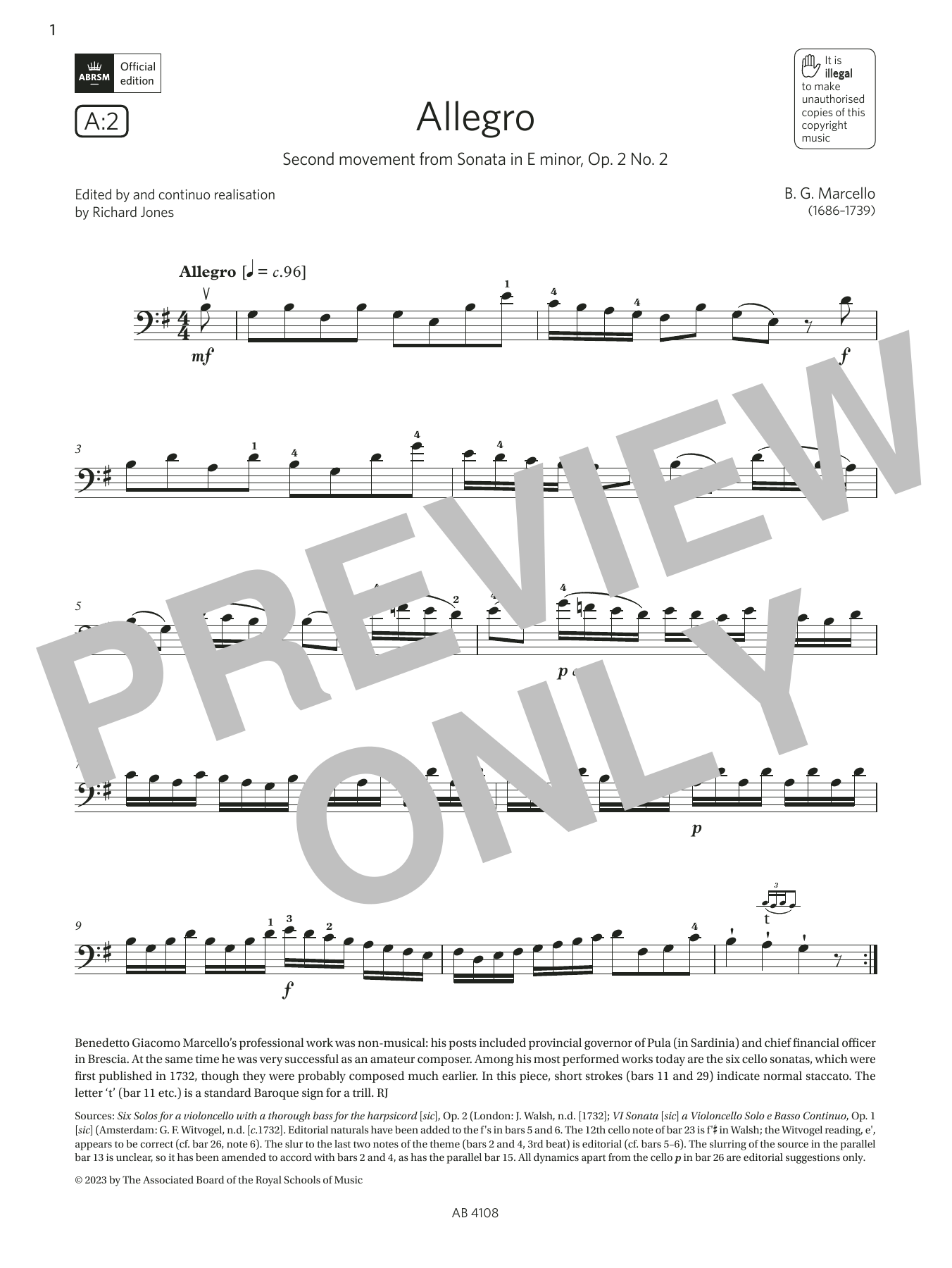 B. G. Marcello Allegro (Grade 5, A2, from the ABRSM Cello Syllabus from 2024) sheet music notes and chords arranged for Cello Solo