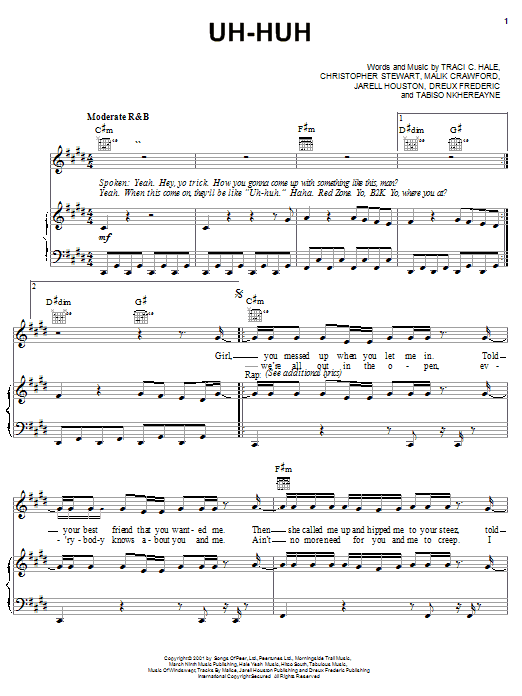 B2K Uh-Huh sheet music notes and chords arranged for Piano, Vocal & Guitar Chords (Right-Hand Melody)