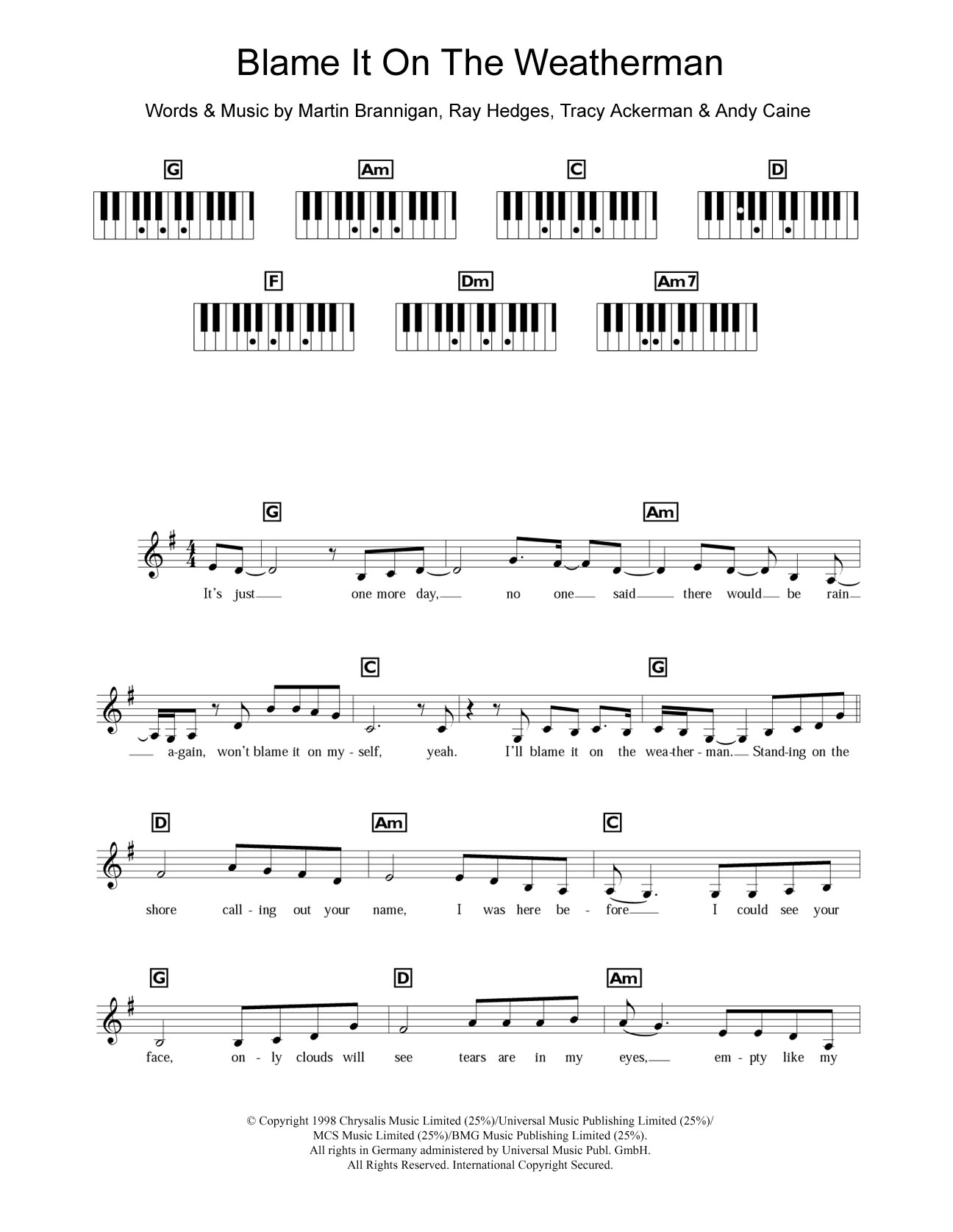 B*witched Blame It On The Weatherman sheet music notes and chords arranged for Piano Chords/Lyrics
