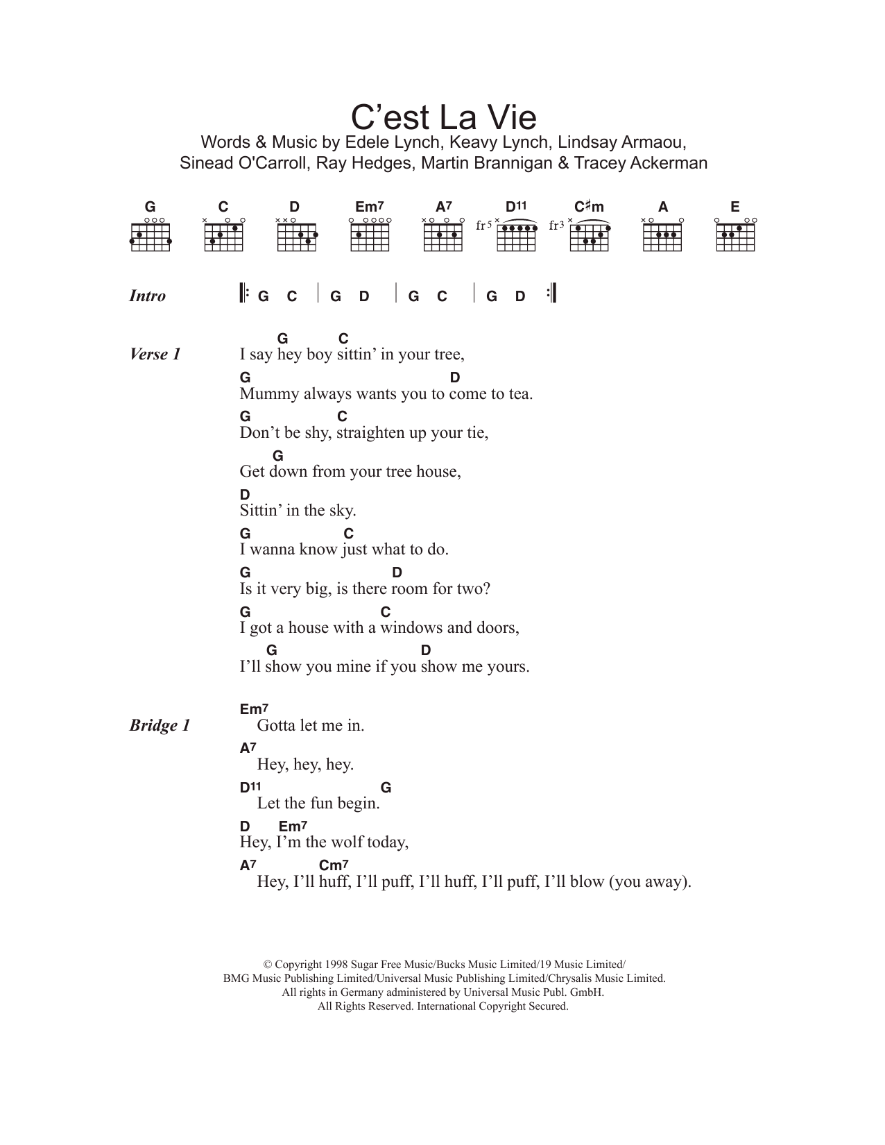 B*witched C'est La Vie sheet music notes and chords arranged for Piano, Vocal & Guitar Chords (Right-Hand Melody)