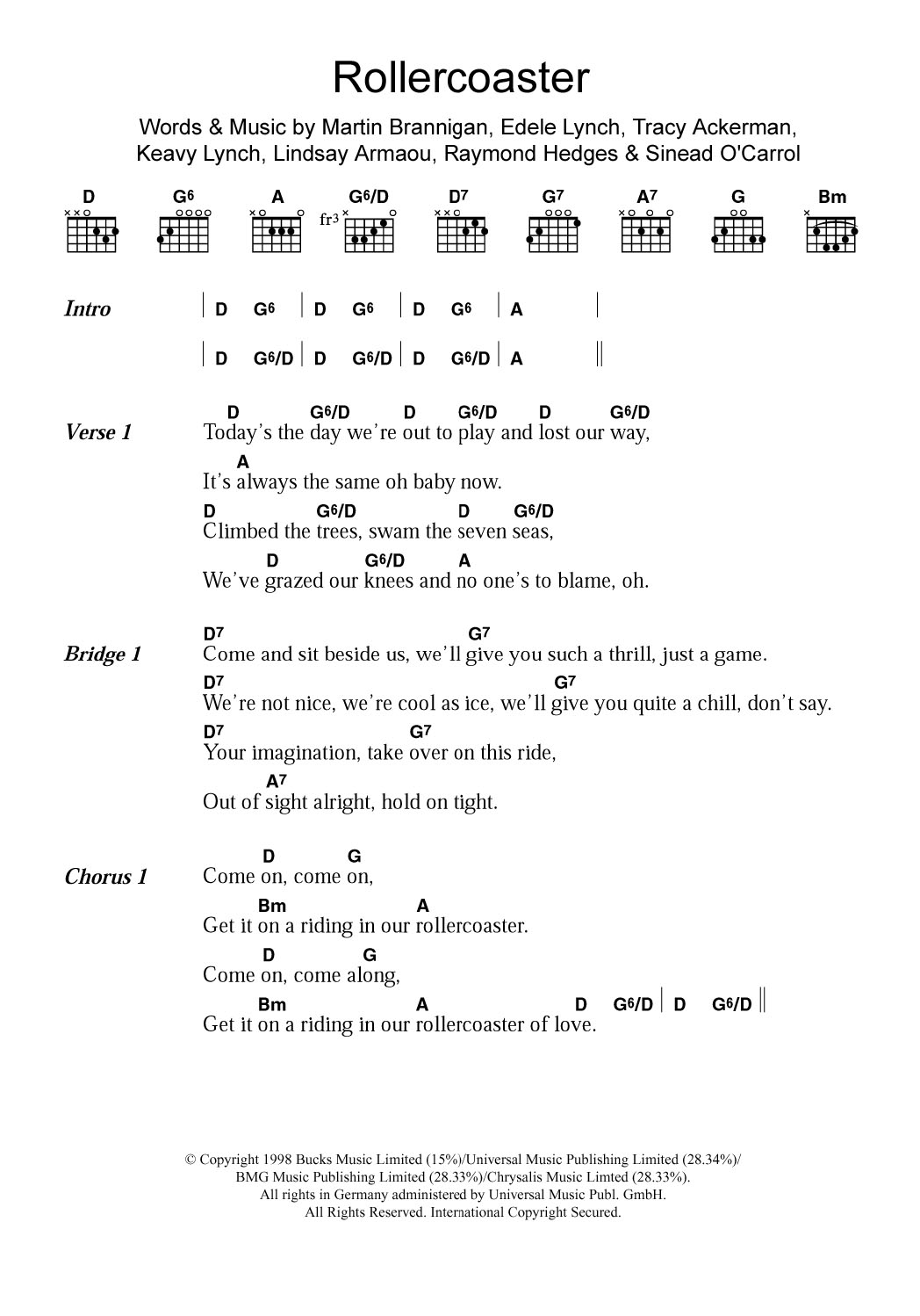 B*witched Rollercoaster sheet music notes and chords arranged for Guitar Chords/Lyrics