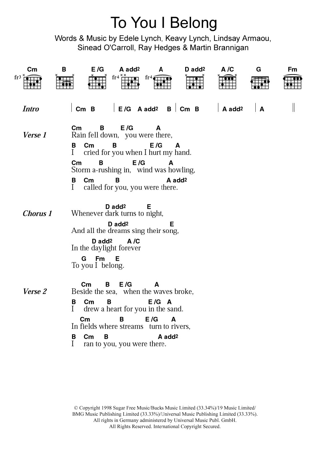 B*witched To You I Belong sheet music notes and chords arranged for Guitar Chords/Lyrics