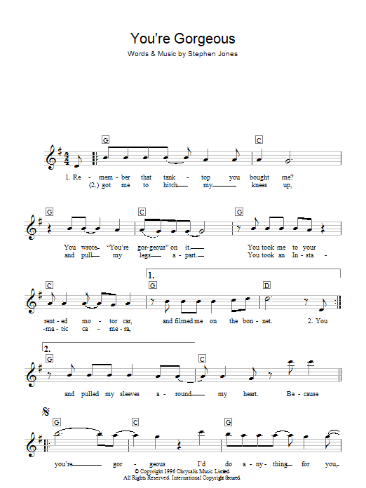 Babybird You're Gorgeous sheet music notes and chords arranged for Guitar Chords/Lyrics