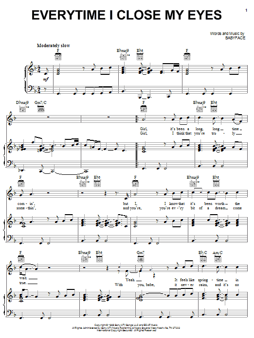 Babyface Everytime I Close My Eyes sheet music notes and chords arranged for Piano, Vocal & Guitar Chords (Right-Hand Melody)
