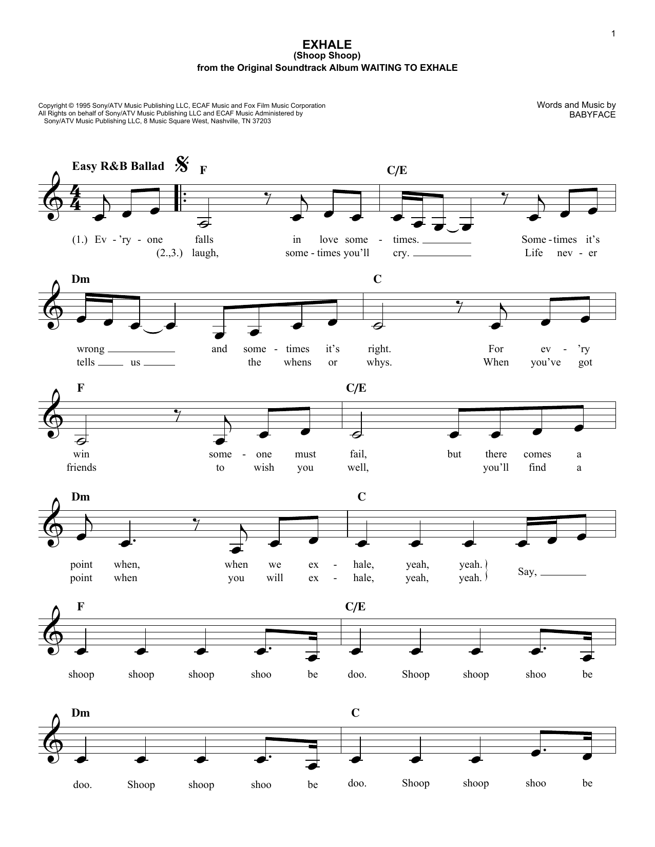 Babyface Exhale (Shoop Shoop) sheet music notes and chords arranged for Lead Sheet / Fake Book