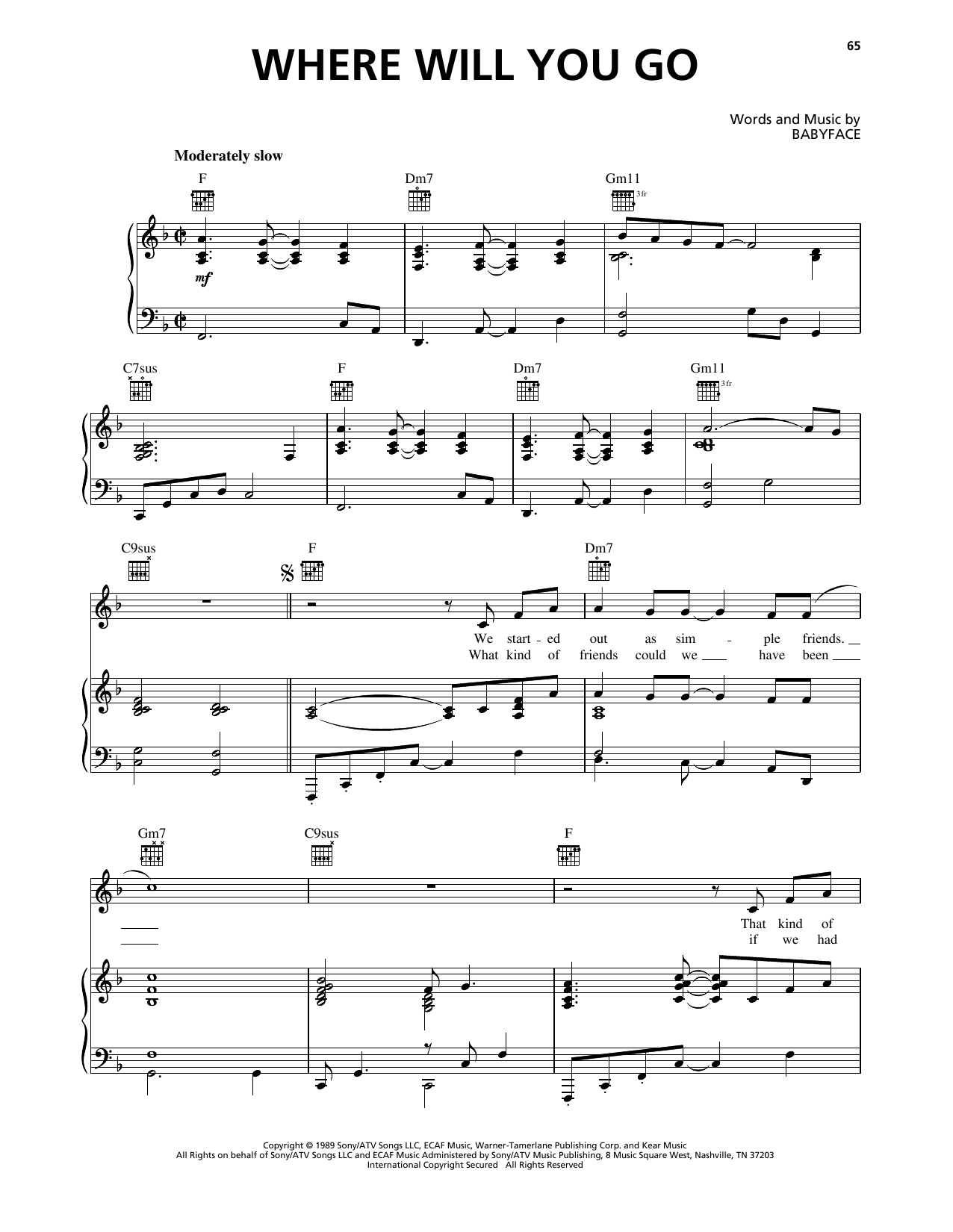 Babyface Where Will You Go sheet music notes and chords arranged for Piano, Vocal & Guitar Chords (Right-Hand Melody)