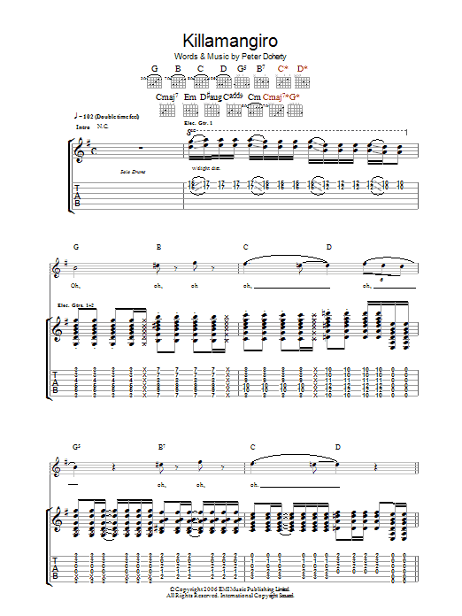 Babyshambles Killamangiro sheet music notes and chords arranged for Guitar Tab