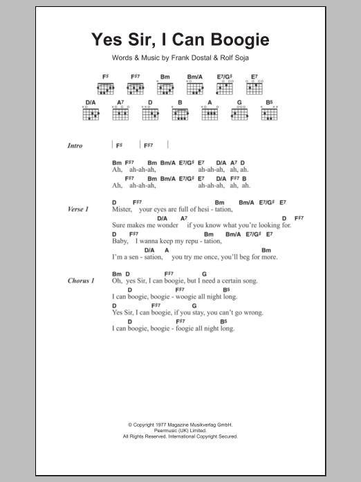 Baccara Yes Sir, I Can Boogie sheet music notes and chords arranged for Guitar Chords/Lyrics