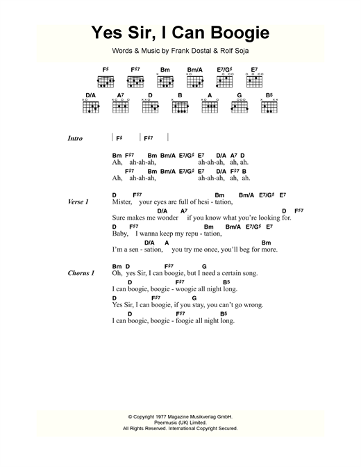 Baccara Yes Sir, I Can Boogie sheet music notes and chords arranged for Guitar Chords/Lyrics