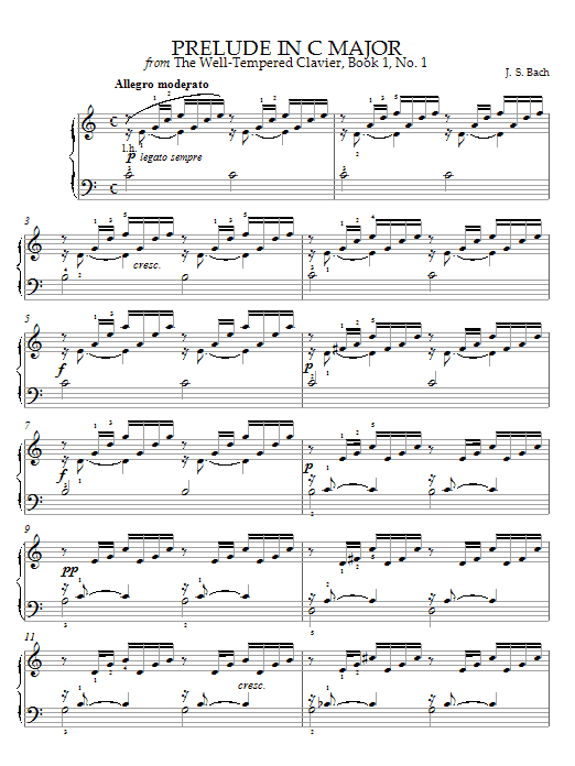 Bach Prelude in C Major sheet music notes and chords arranged for Piano Solo