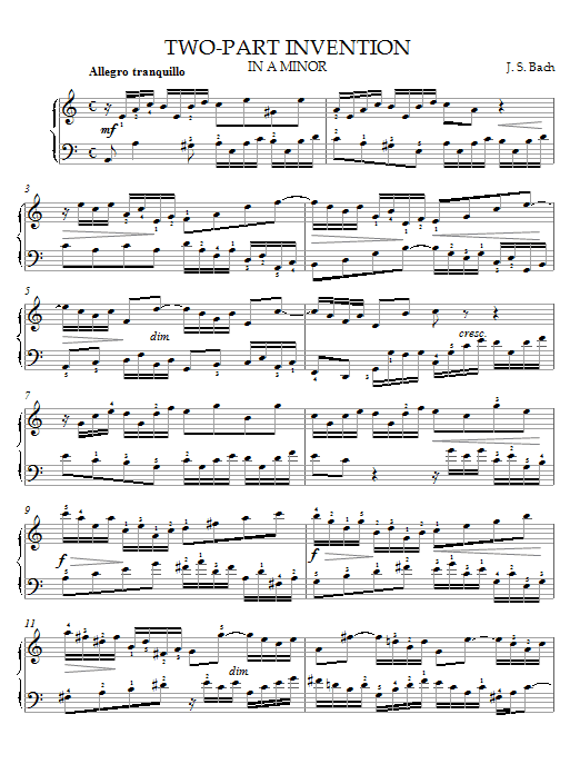 Bach Two-Part Invention in A Minor sheet music notes and chords arranged for Piano Solo