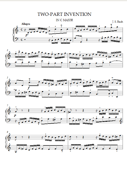 Bach Two-Part Invention in C Major sheet music notes and chords arranged for Piano Solo