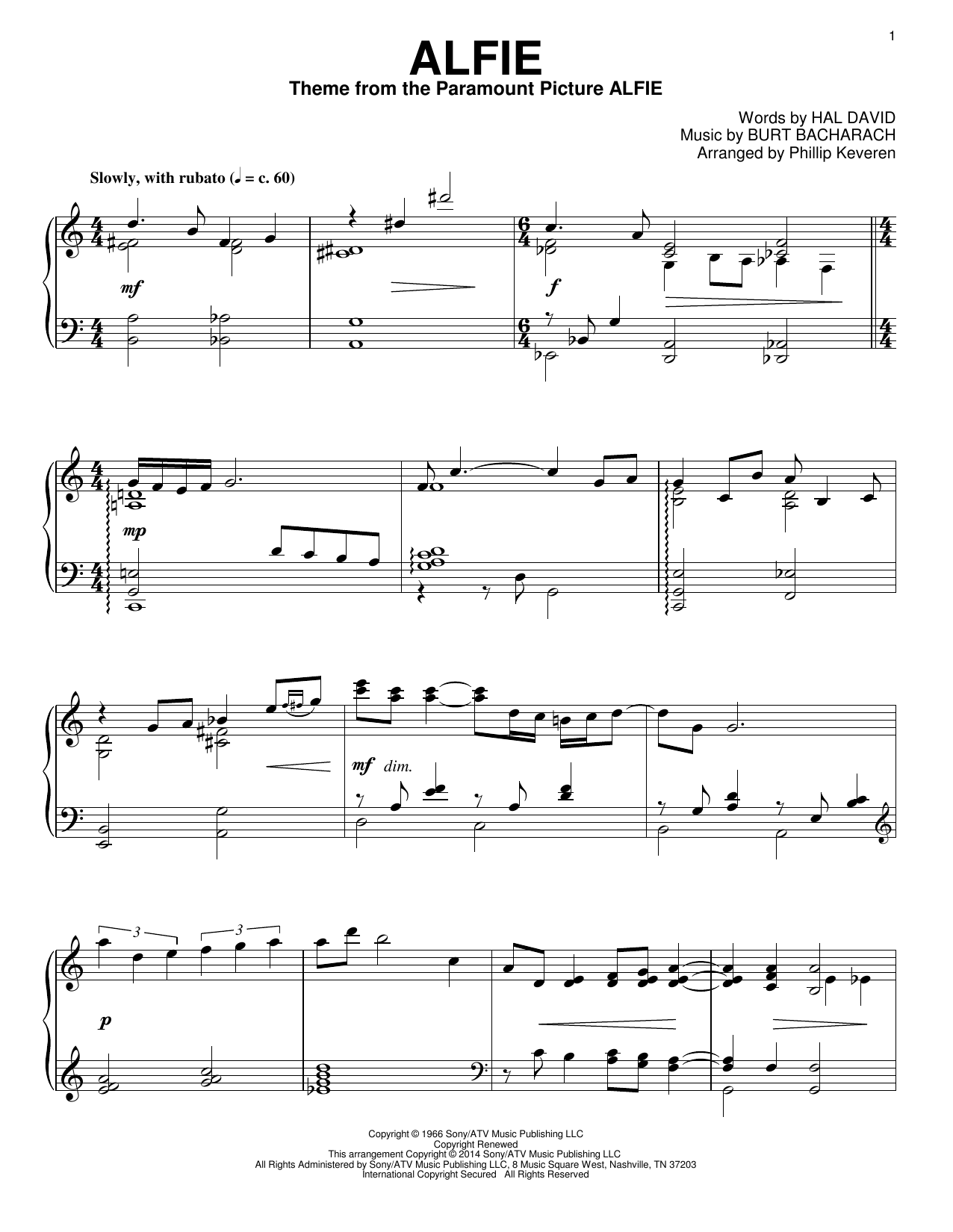 Bacharach & David Alfie (arr. Phillip Keveren) sheet music notes and chords arranged for Piano Solo