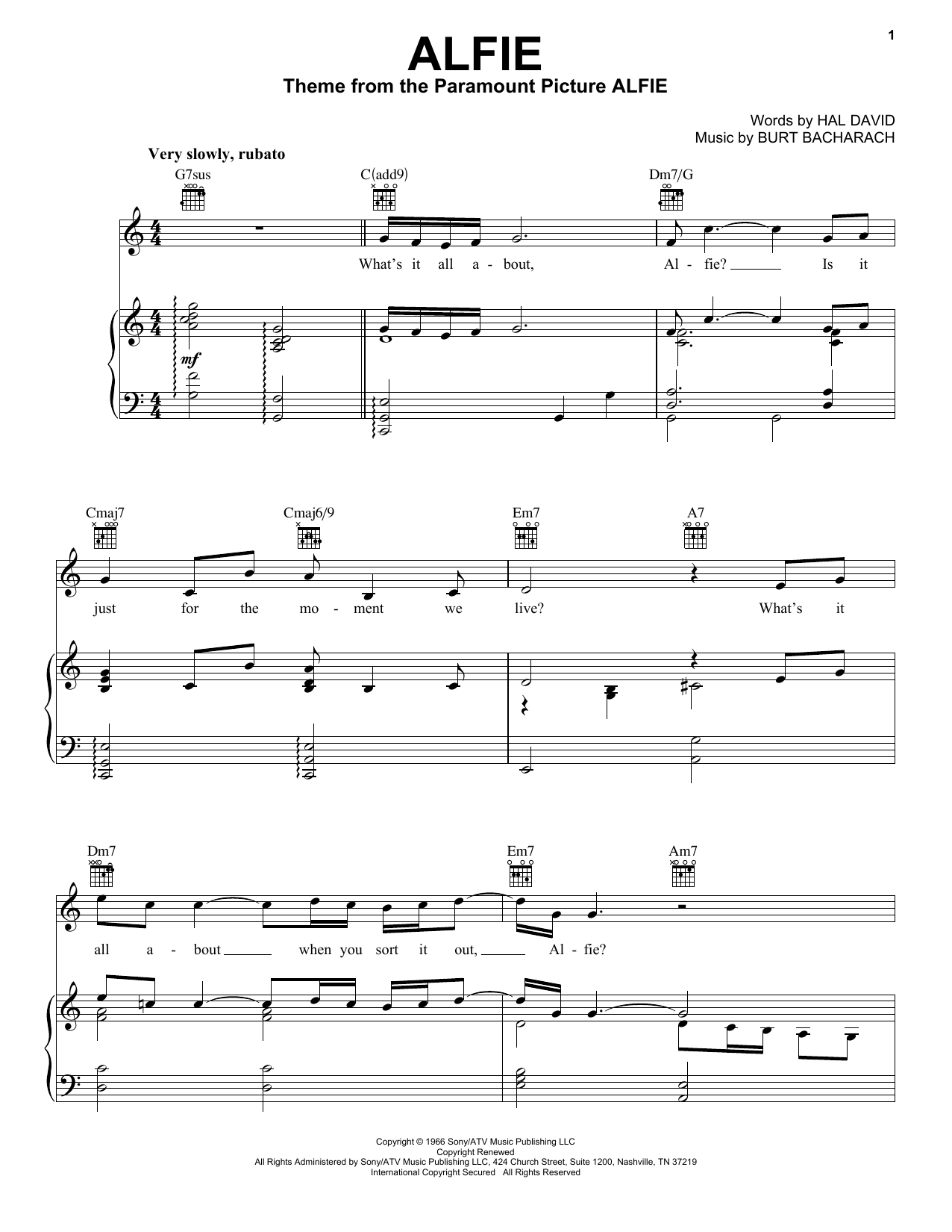 Bacharach & David Alfie sheet music notes and chords arranged for Easy Piano