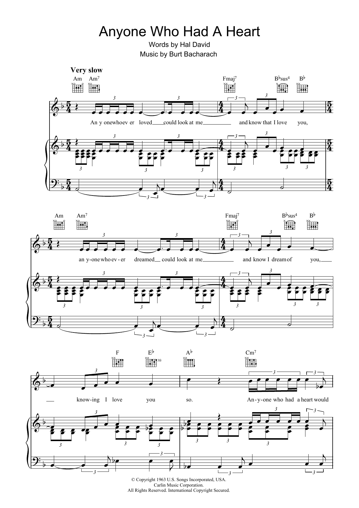 Bacharach & David Anyone Who Had A Heart sheet music notes and chords arranged for Piano, Vocal & Guitar Chords (Right-Hand Melody)