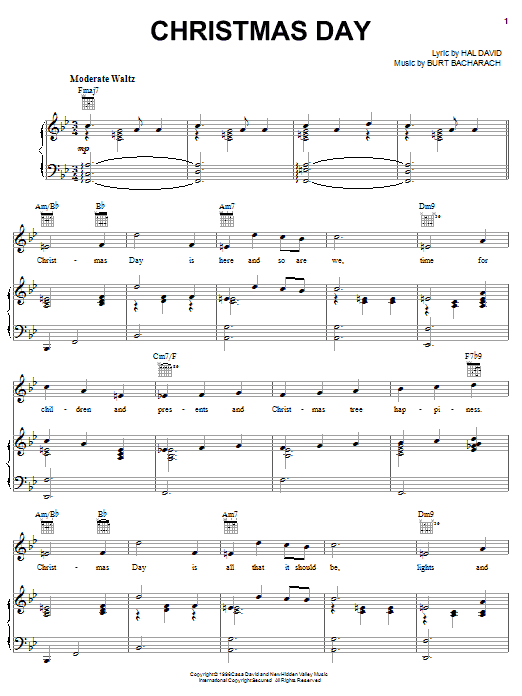 Bacharach & David Christmas Day sheet music notes and chords arranged for Piano, Vocal & Guitar Chords (Right-Hand Melody)
