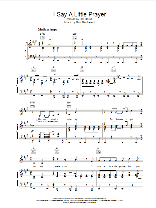 Bacharach & David I Say A Little Prayer sheet music notes and chords arranged for Piano Chords/Lyrics