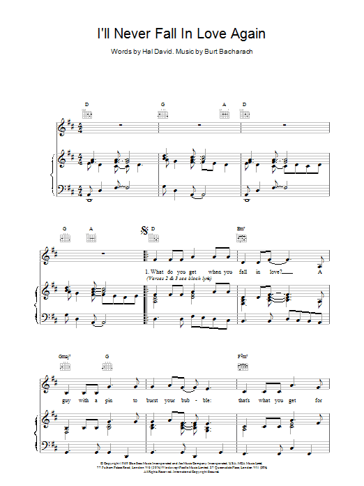 Bacharach & David I'll Never Fall In Love Again sheet music notes and chords arranged for Piano, Vocal & Guitar Chords