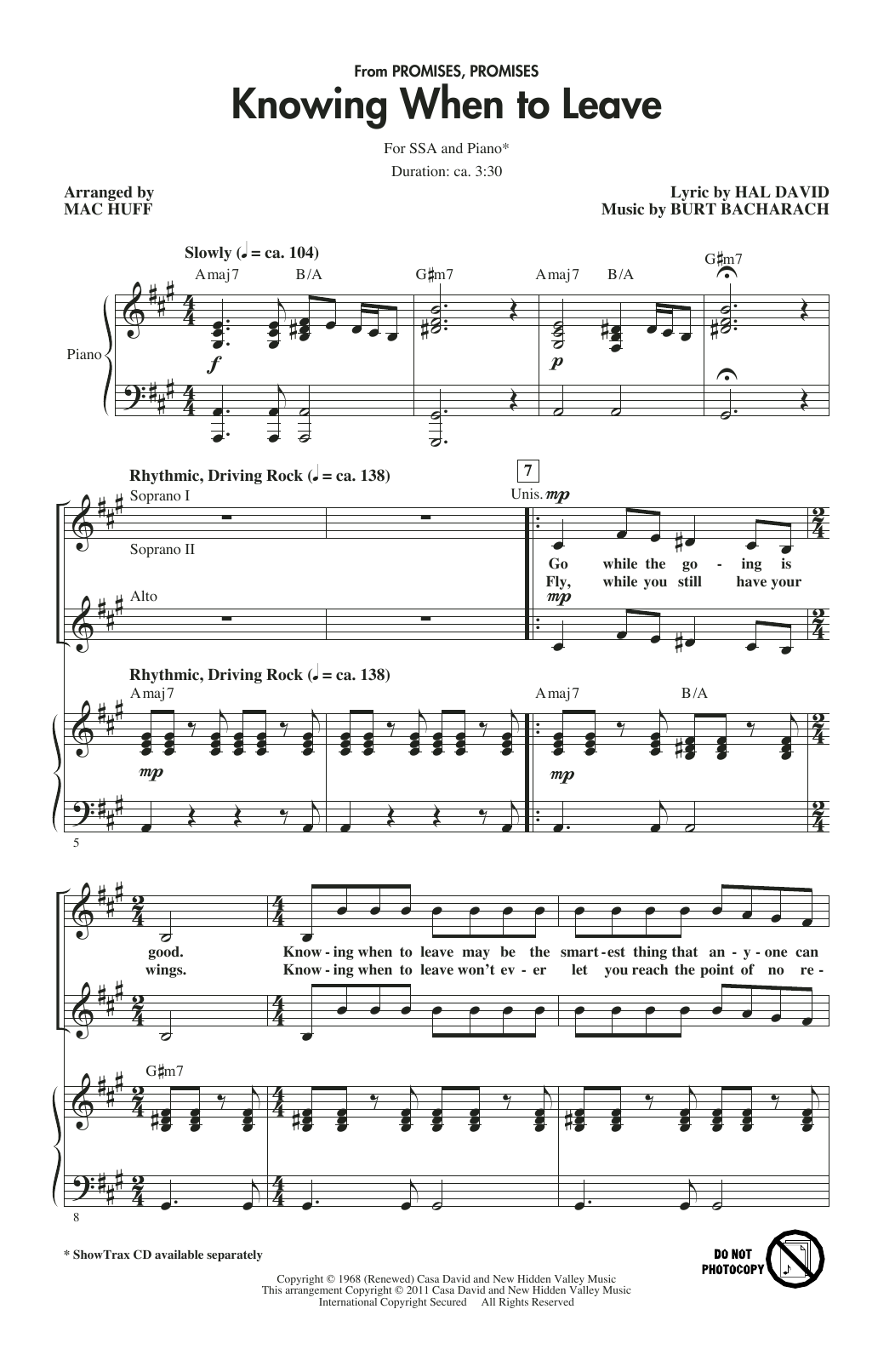 Bacharach & David Knowing When To Leave (from Promises, Promises) (arr. Mac Huff) sheet music notes and chords arranged for SSA Choir