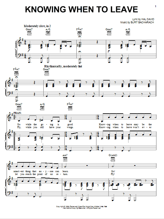 Bacharach & David Knowing When To Leave (from Promises, Promises) sheet music notes and chords arranged for Piano, Vocal & Guitar Chords (Right-Hand Melody)