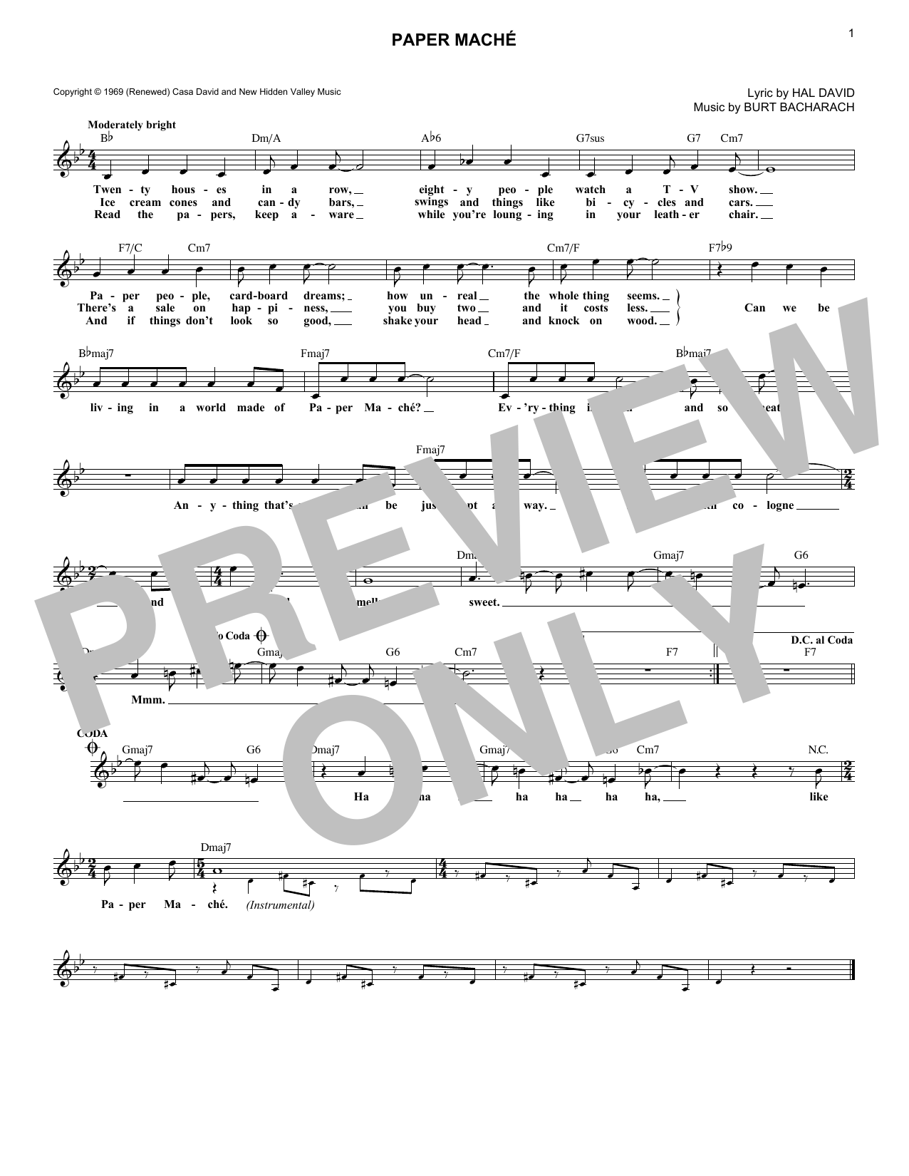 Bacharach & David Paper Mache sheet music notes and chords arranged for Lead Sheet / Fake Book
