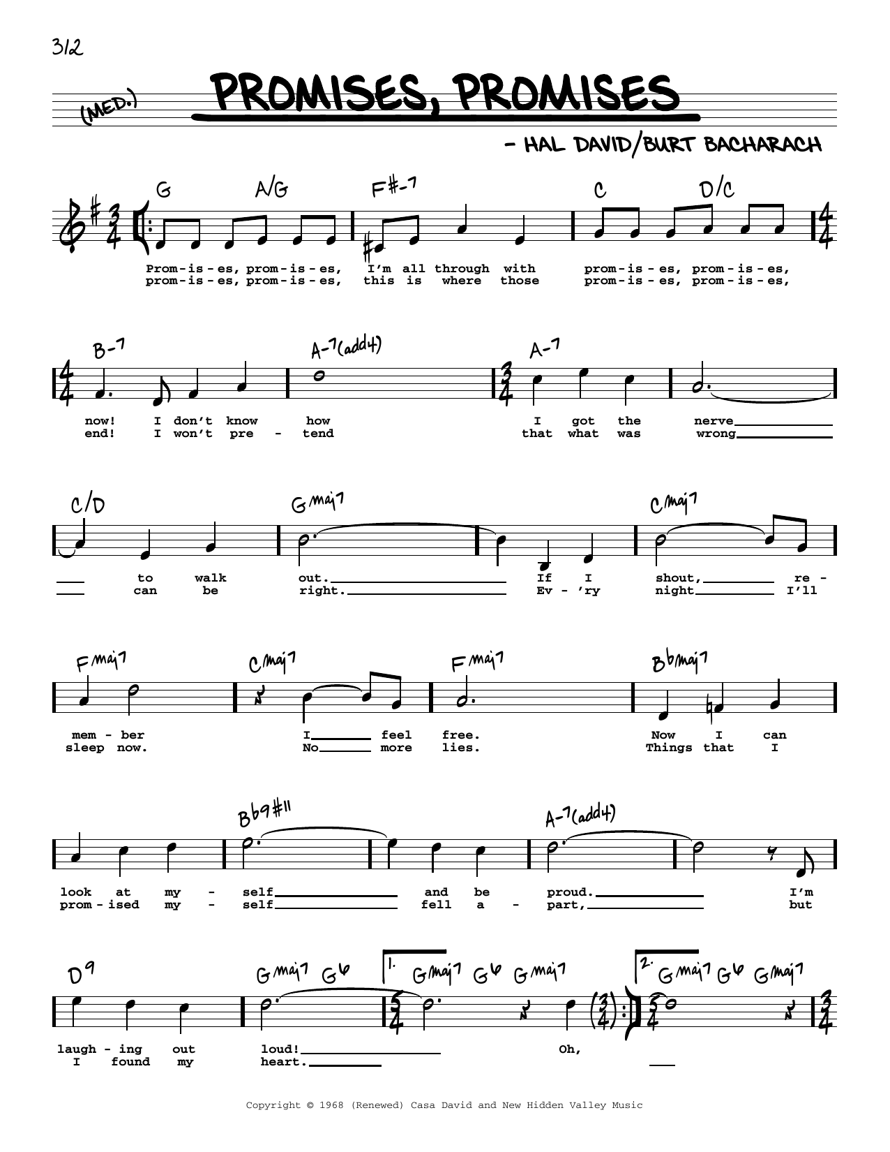 Bacharach & David Promises, Promises (High Voice) sheet music notes and chords arranged for Real Book – Melody, Lyrics & Chords