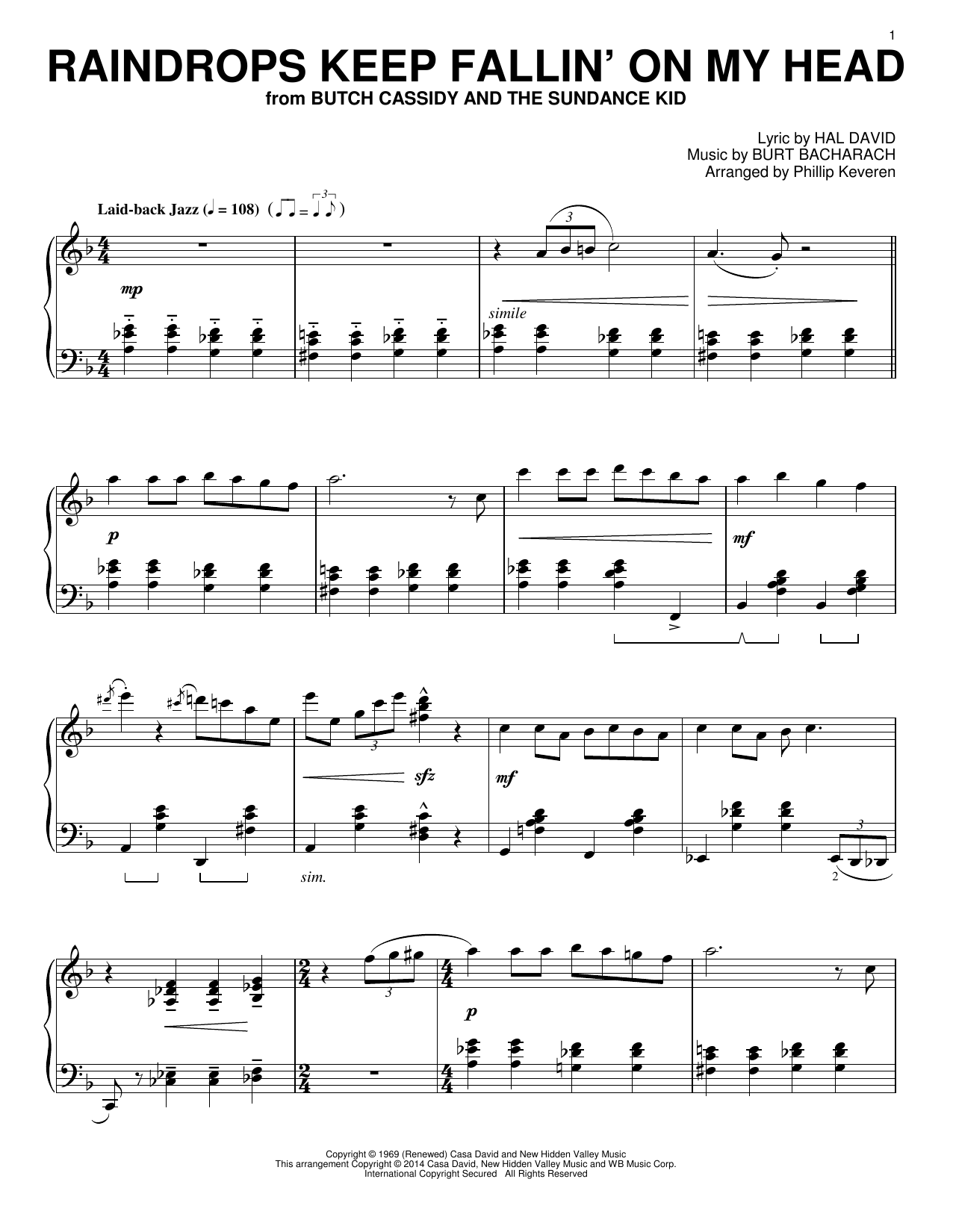 Bacharach & David Raindrops Keep Fallin' On My Head (arr. Phillip Keveren) sheet music notes and chords arranged for Piano Solo