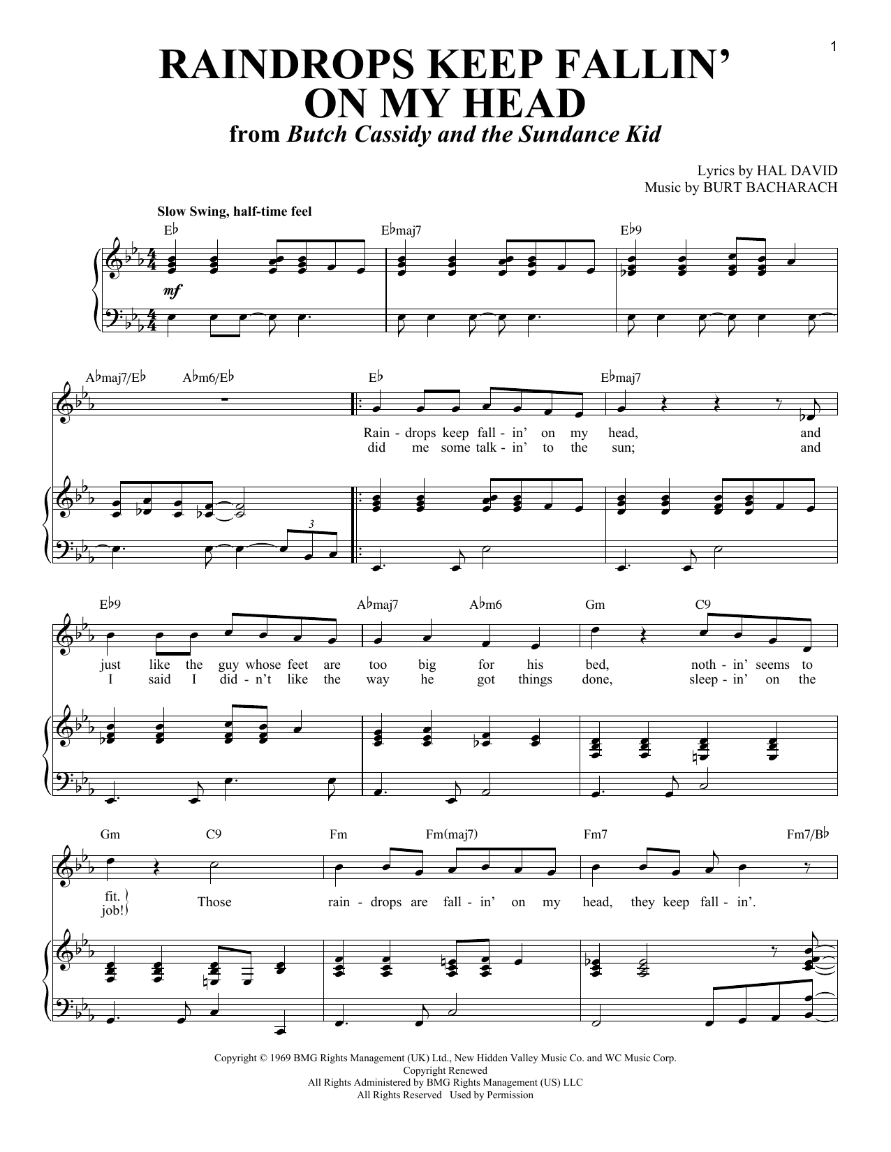 Bacharach & David Raindrops Keep Fallin' On My Head (from Butch Cassidy And The Sundance Kid) sheet music notes and chords arranged for Piano & Vocal
