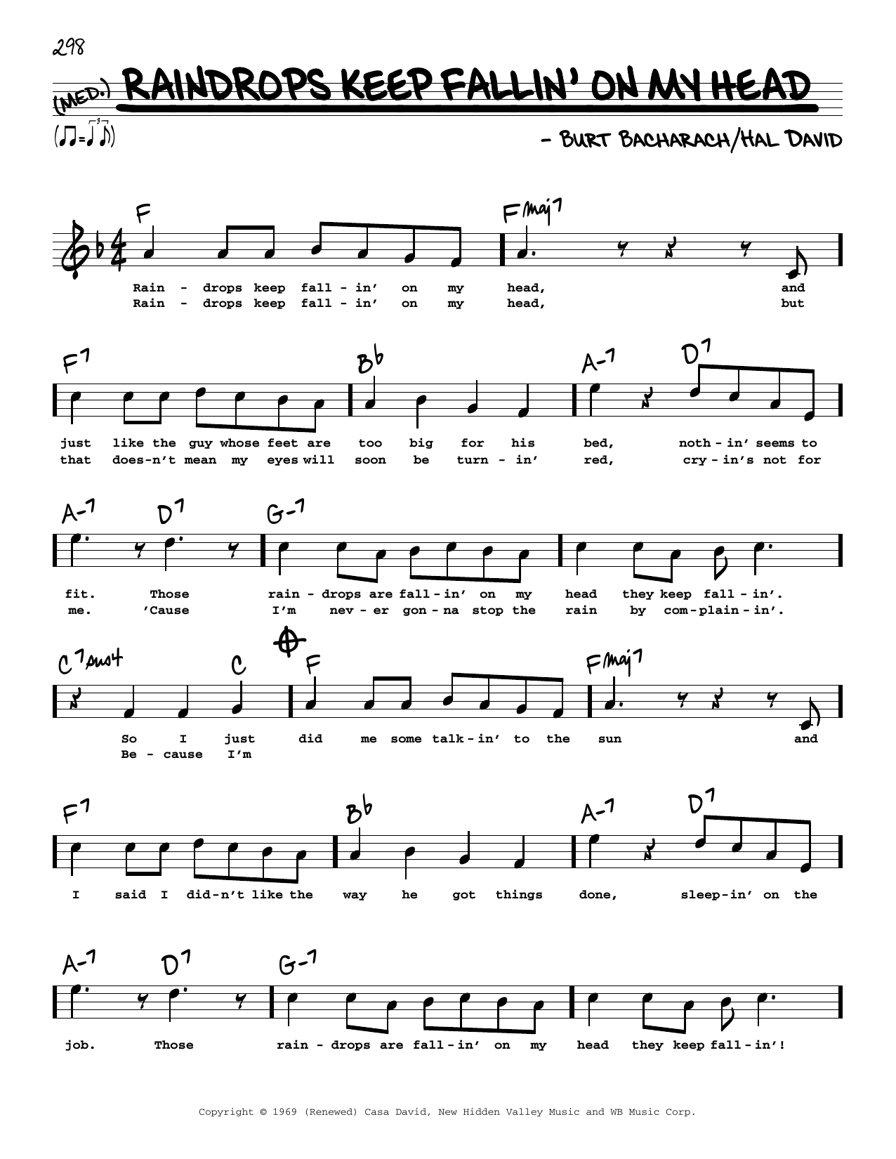 Bacharach & David Raindrops Keep Fallin' On My Head (High Voice) (from Butch Cassidy And The Sundance Kid) sheet music notes and chords arranged for Real Book – Melody, Lyrics & Chords