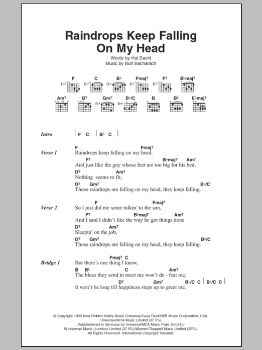 Bacharach & David Raindrops Keep Fallin' On My Head sheet music notes and chords arranged for Guitar Chords/Lyrics