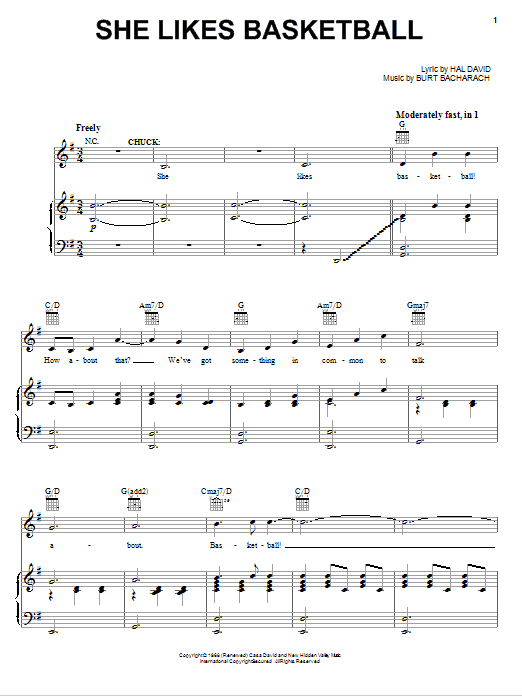 Bacharach & David She Likes Basketball sheet music notes and chords arranged for Piano, Vocal & Guitar Chords (Right-Hand Melody)