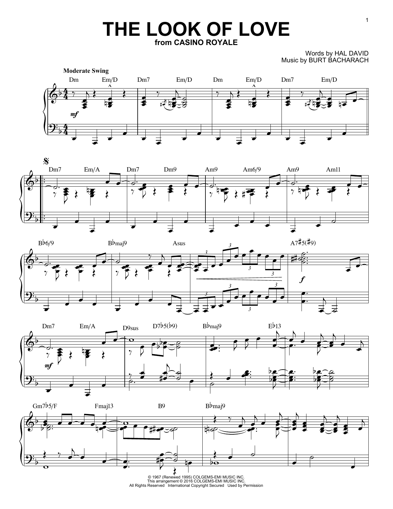 Bacharach & David The Look Of Love [Jazz version] (arr. Brent Edstrom) sheet music notes and chords arranged for Piano Solo