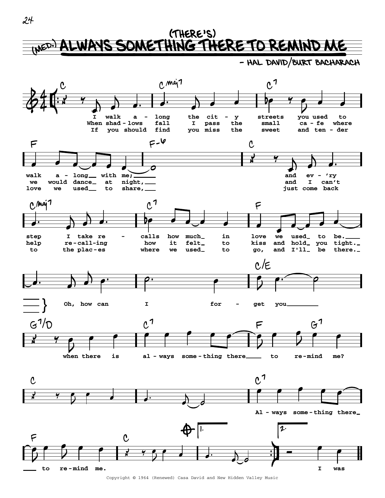 Bacharach & David (There's) Always Something There To Remind Me (High Voice) sheet music notes and chords arranged for Real Book – Melody, Lyrics & Chords