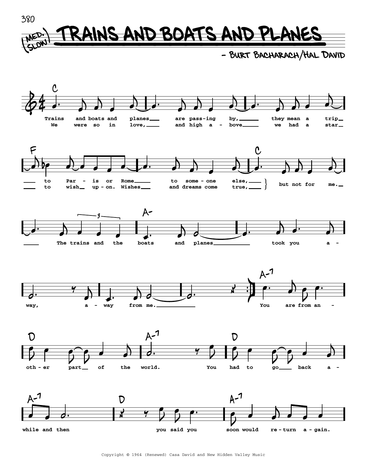 Bacharach & David Trains And Boats And Planes (High Voice) sheet music notes and chords arranged for Real Book – Melody, Lyrics & Chords