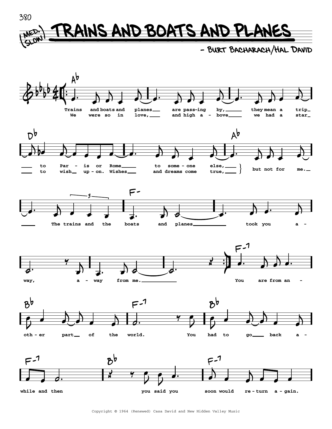 Bacharach & David Trains And Boats And Planes (Low Voice) sheet music notes and chords arranged for Real Book – Melody, Lyrics & Chords