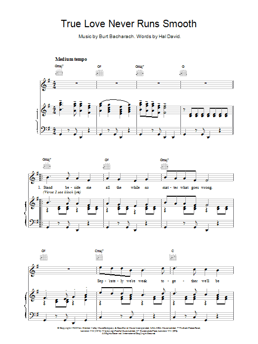 Bacharach & David True Love Never Runs Smooth sheet music notes and chords arranged for Piano, Vocal & Guitar Chords