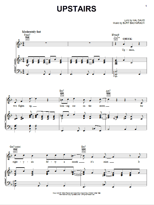 Bacharach & David Upstairs sheet music notes and chords arranged for Piano, Vocal & Guitar Chords (Right-Hand Melody)