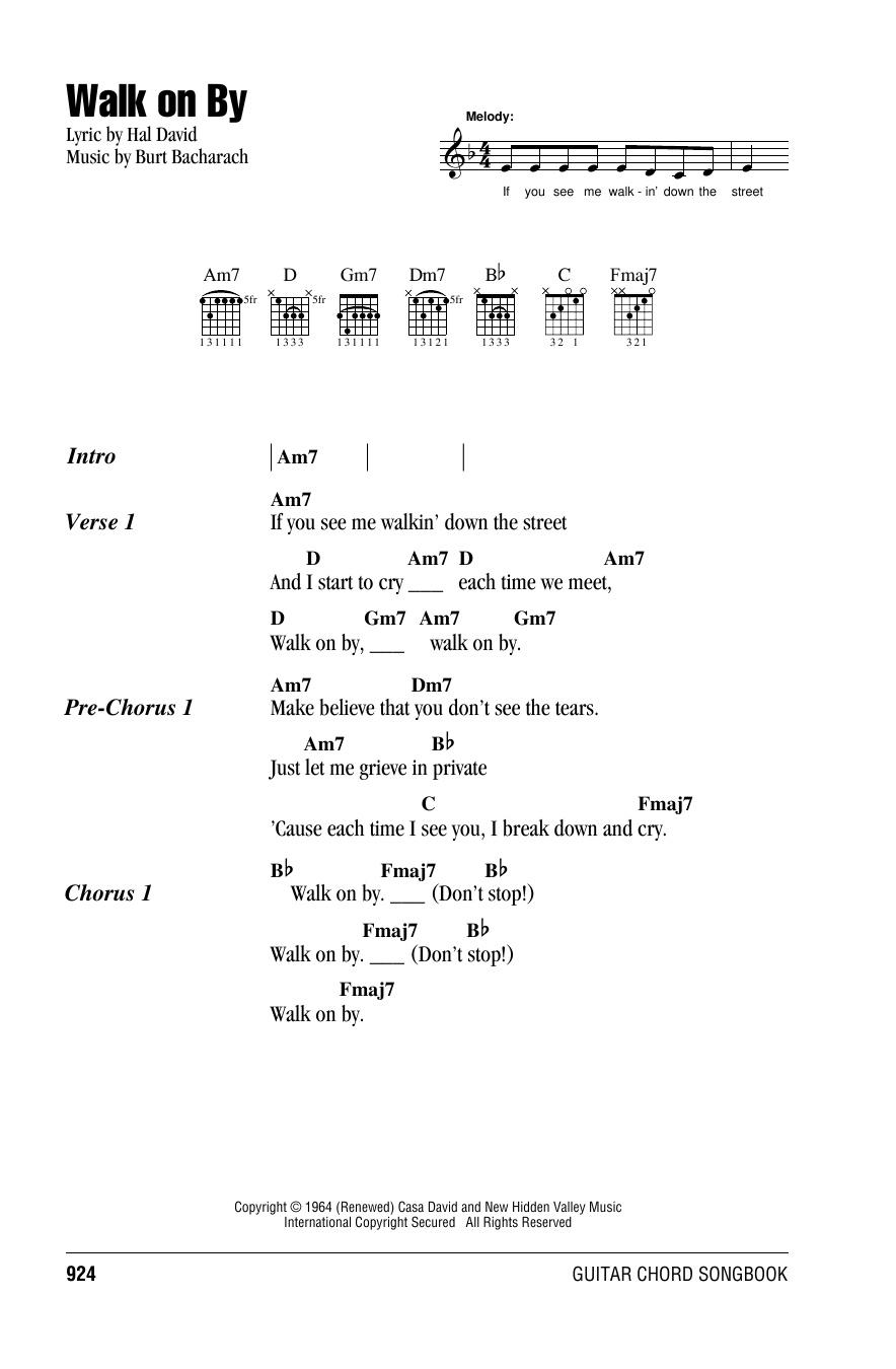 Bacharach & David Walk On By sheet music notes and chords arranged for Guitar Chords/Lyrics