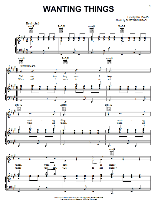 Bacharach & David Wanting Things sheet music notes and chords arranged for Piano, Vocal & Guitar Chords (Right-Hand Melody)
