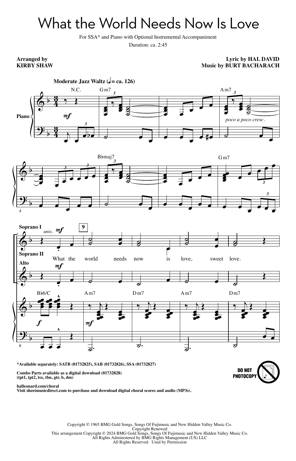 Bacharach & David What The World Needs Now Is Love (arr. Kirby Shaw) sheet music notes and chords arranged for SSA Choir