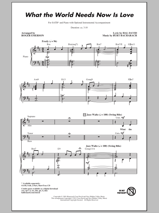 Roger Emerson What The World Needs Now Is Love sheet music notes and chords arranged for SATB Choir